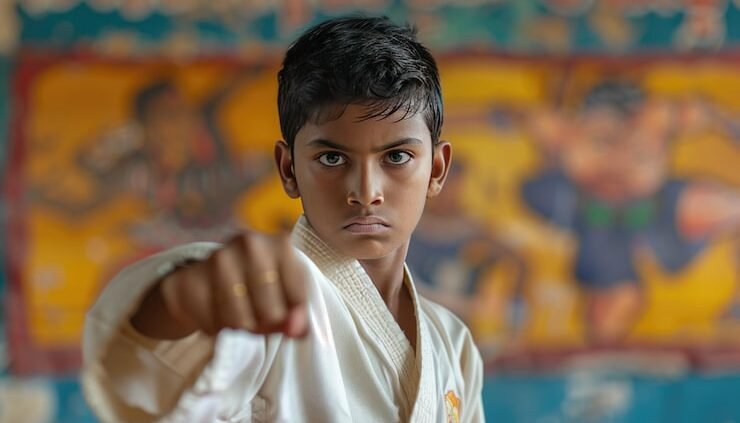 young indian boy demonstrates his martial arts skills his agility speed 748982 4498